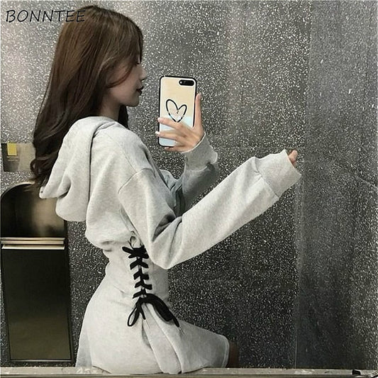 Frauen Langarm Minikleid Kapuzenpullover Kleid Hoodie Sweatshirt Sweatkleid