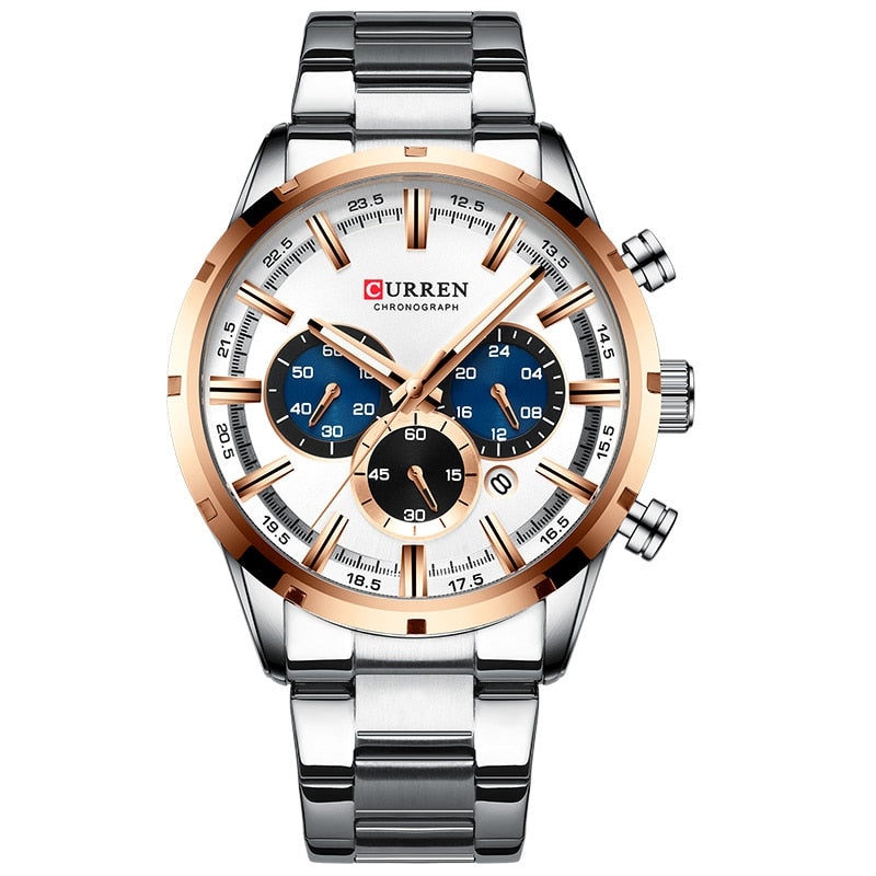 Herren Armbanduhr Silber Schwarz Edelstahl Fashion Luxus Chronograph  Business
