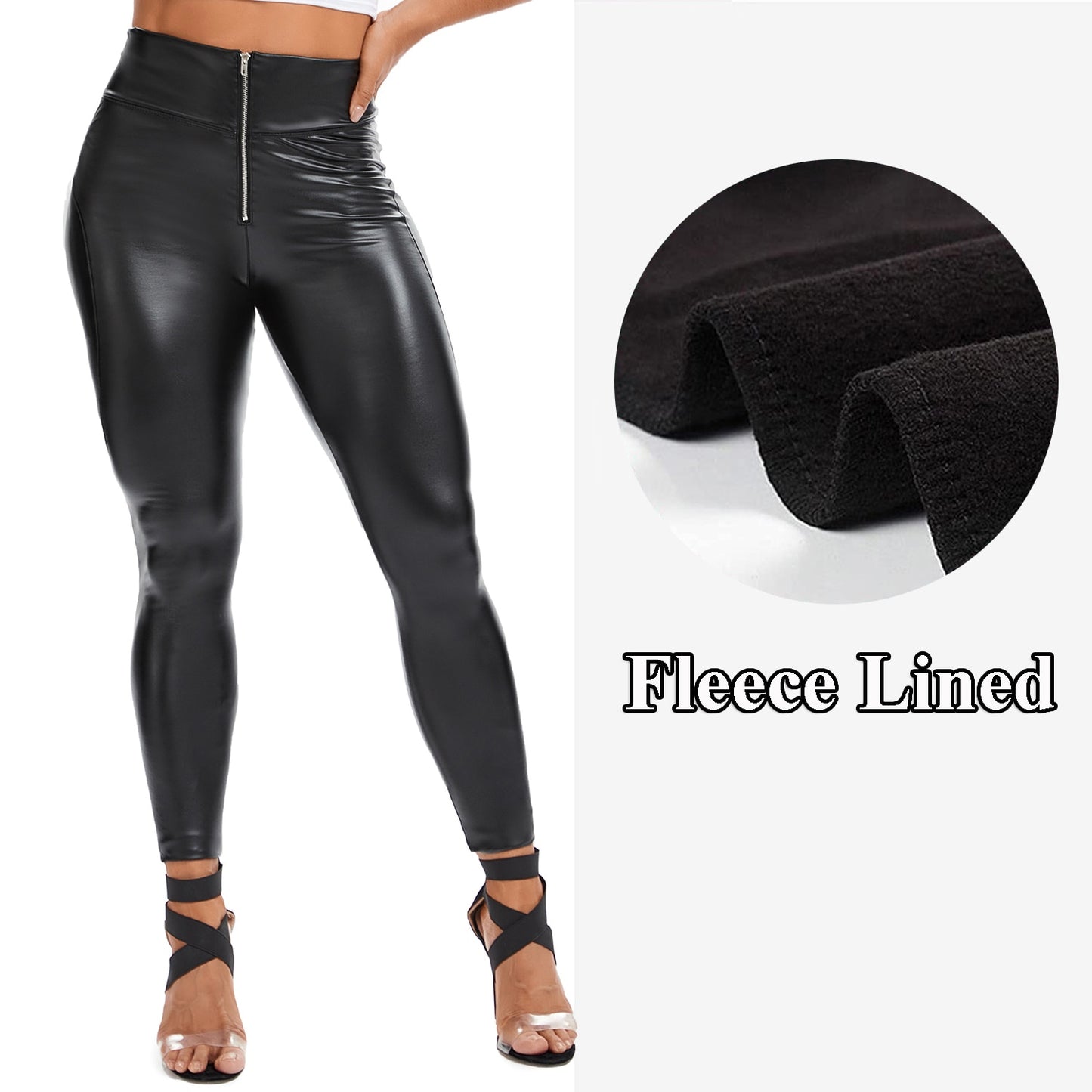 Damen Fashion Leggings Push Up Leggins Hose PU Lederhose mit Reißverschluss Sexy