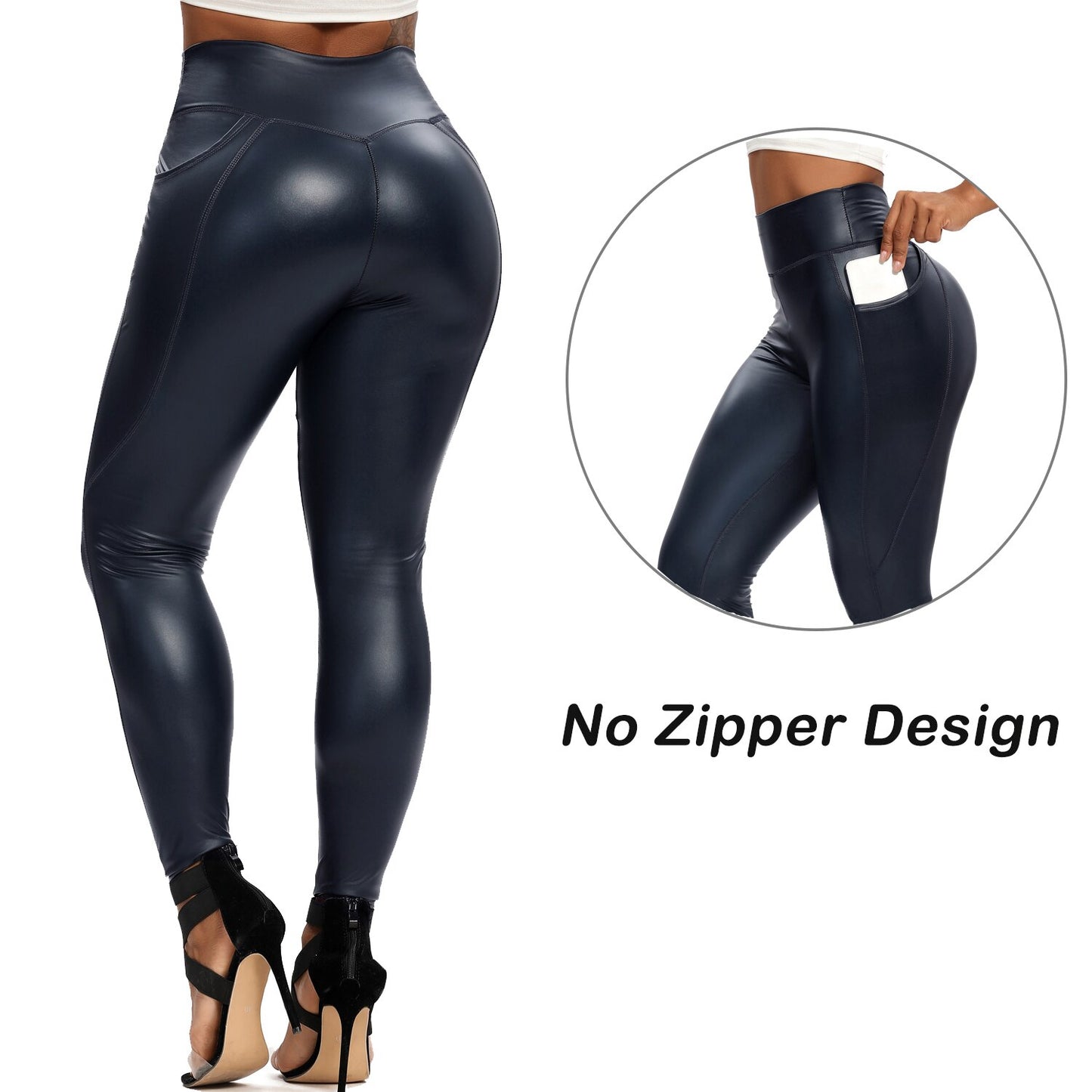 Damen Leggings Push-Up Lang Hose Leder Optik Nachtclub Sexy PU Hohe Elastizität