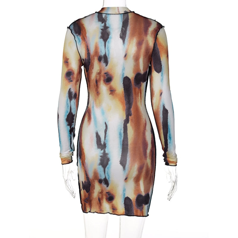 Frauen Langarm Kleid elegantes figurbetontes Tie Dye Sexy Abend Minikleid