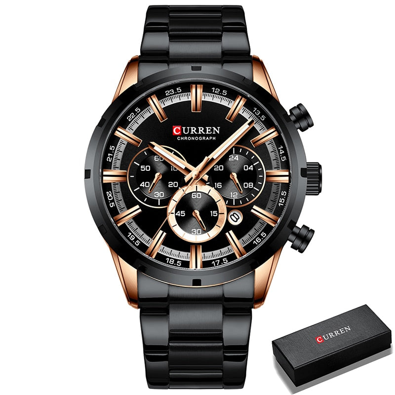 Herren Armbanduhr Silber Schwarz Edelstahl Fashion Luxus Chronograph  Business