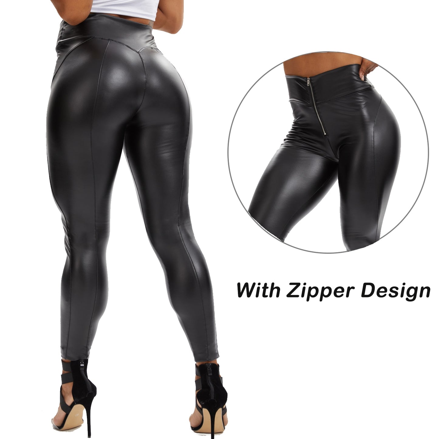 Damen Leggings Push-Up Lang Hose Leder Optik Nachtclub Sexy PU Hohe Elastizität