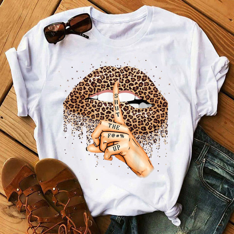 Damen Sommer Top 3D Leopard Kiss T-Shirt Rundhals Streetwear Damentop