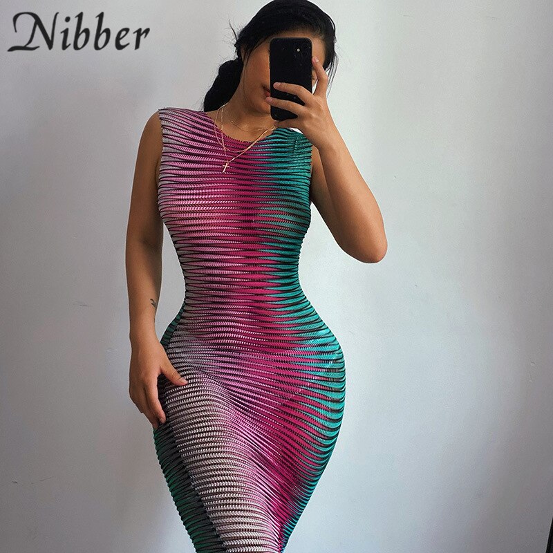 Frauen Kleid durchsichtiges gestrickte elegantes ärmellose figurbetontes Sexy Minikleid