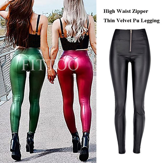 Damen Fashion Leggings Push Up Leggins Hose PU Lederhose mit Reißverschluss Sexy