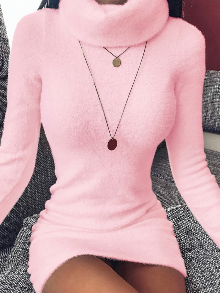 Damen Wollkleid Rollkragen Stiefelkleid Herbstkleid Winterkleid Strickkleid Longpullover