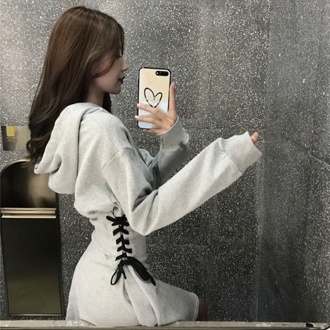 Frauen Langarm Minikleid Kapuzenpullover Kleid Hoodie Sweatshirt Sweatkleid