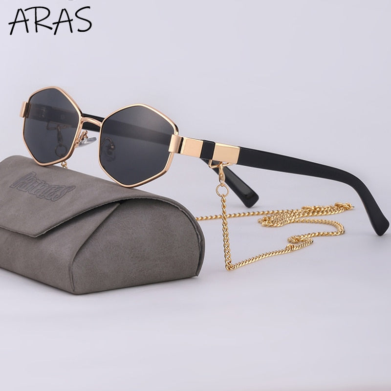 Trendy Retro Hexagon Mit Kette Damen Randlose Linse UV400