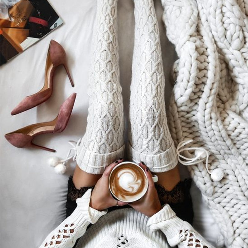 Damen Lange Socken Beinwärmer Stulpen Beinlinge Häkeln Kniestrümpfe Overknees