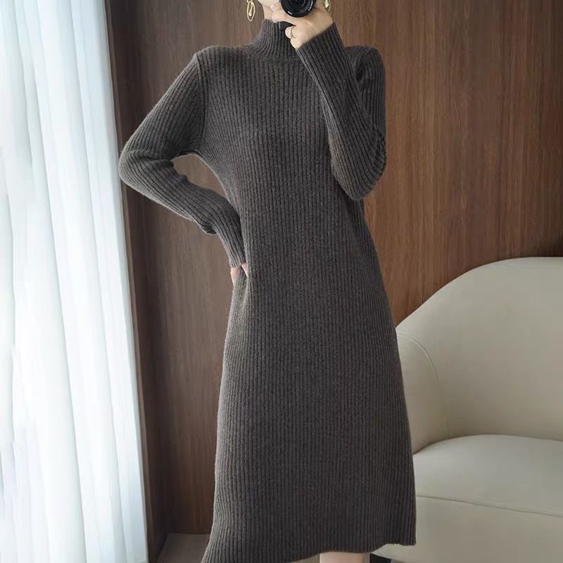 Damen Wollkleid Rollkragen Maxi Kleid Pulloverkleid Herbstkleid Winterkleid Strickkleid