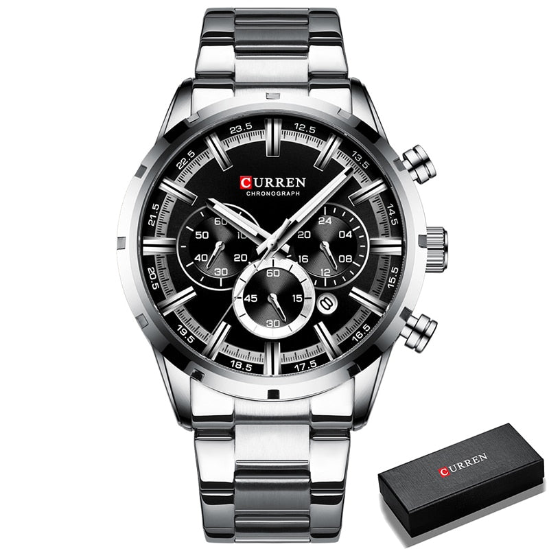 Herren Armbanduhr Silber Schwarz Edelstahl Fashion Luxus Chronograph  Business
