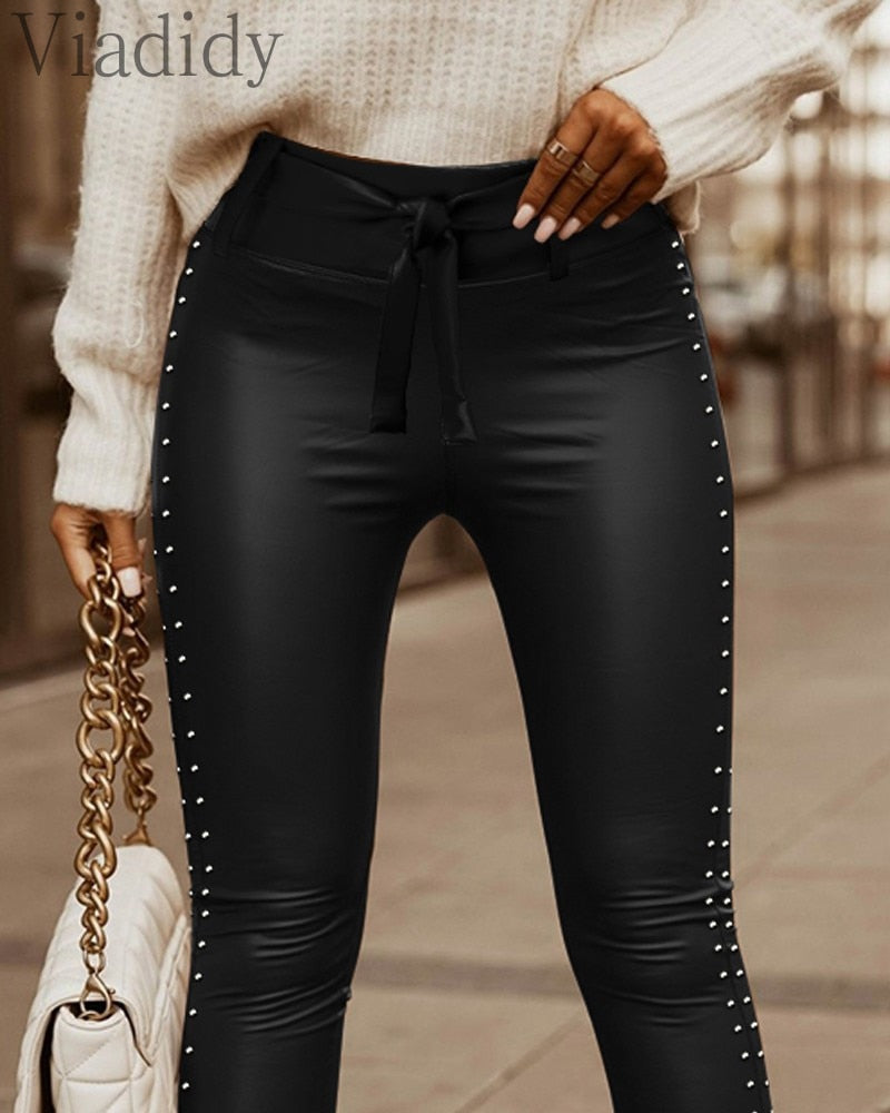 Damen Nieten Leggings Leggins Sexy Lang Dünne PU Hosen Leder Optik Nachtclub