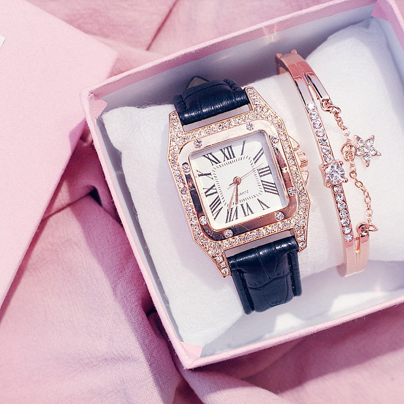 Damen Armband Uhren Set Strass Luxus Quarz Silber Gold Business Armbanduhr