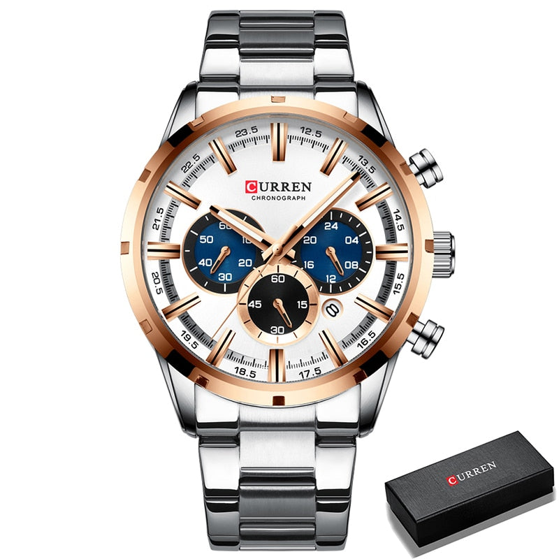 Herren Armbanduhr Silber Schwarz Edelstahl Fashion Luxus Chronograph  Business