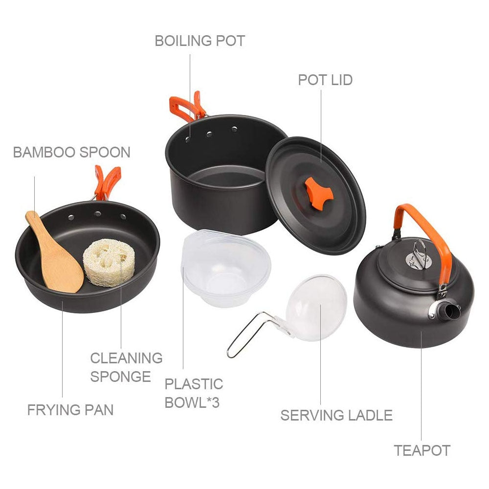 1-3 Person Camping Kochgeschirr Kochtopf Outdoor-Töpfe Bratpfanne Kettle Kit