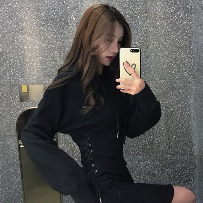 Frauen Langarm Minikleid Kapuzenpullover Kleid Hoodie Sweatshirt Sweatkleid