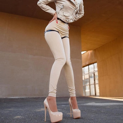 Damen Leggings Leggins Lang Hose Leder Optik Nachtclub Sexy PU Hohe Elastizität