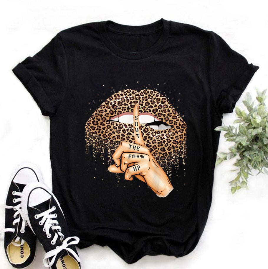 Damen Sommer Top 3D Leopard Kiss T-Shirt Rundhals Streetwear Damentop