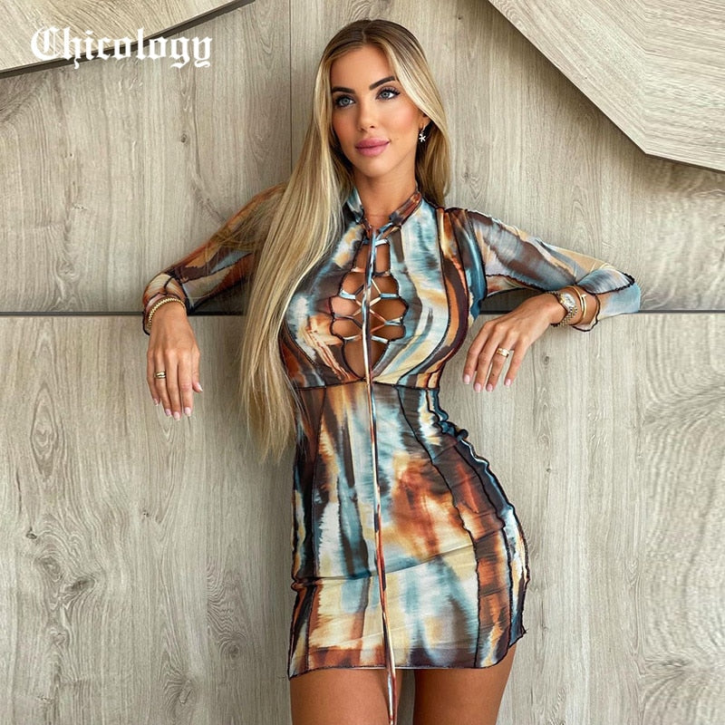 Frauen Langarm Kleid elegantes figurbetontes Tie Dye Sexy Abend Minikleid