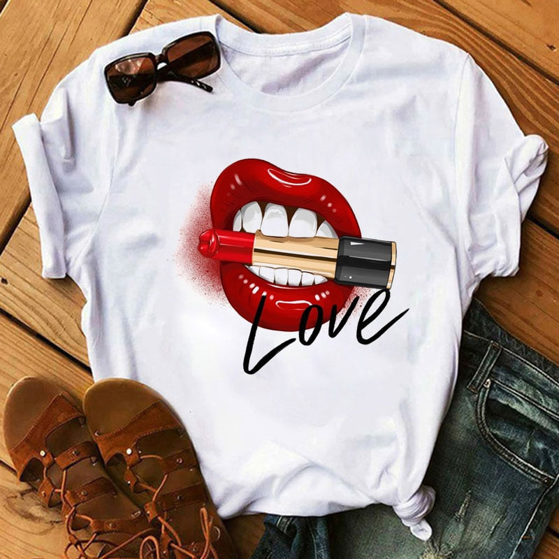 Damen Sommer Top 3D Leopard Kiss T-Shirt Rundhals Streetwear Damentop