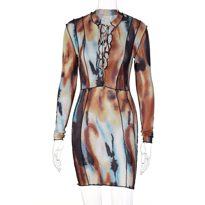 Frauen Langarm Kleid elegantes figurbetontes Tie Dye Sexy Abend Minikleid