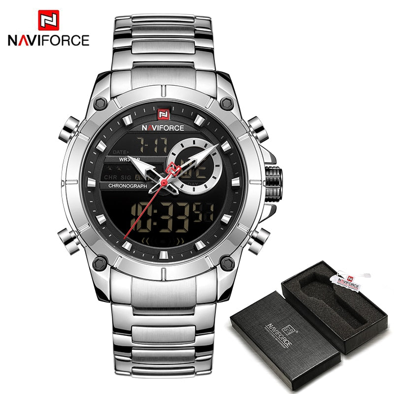 Herren Digital Armbanduhr Silber Edelstahl Fashion Luxus Chronograph Business