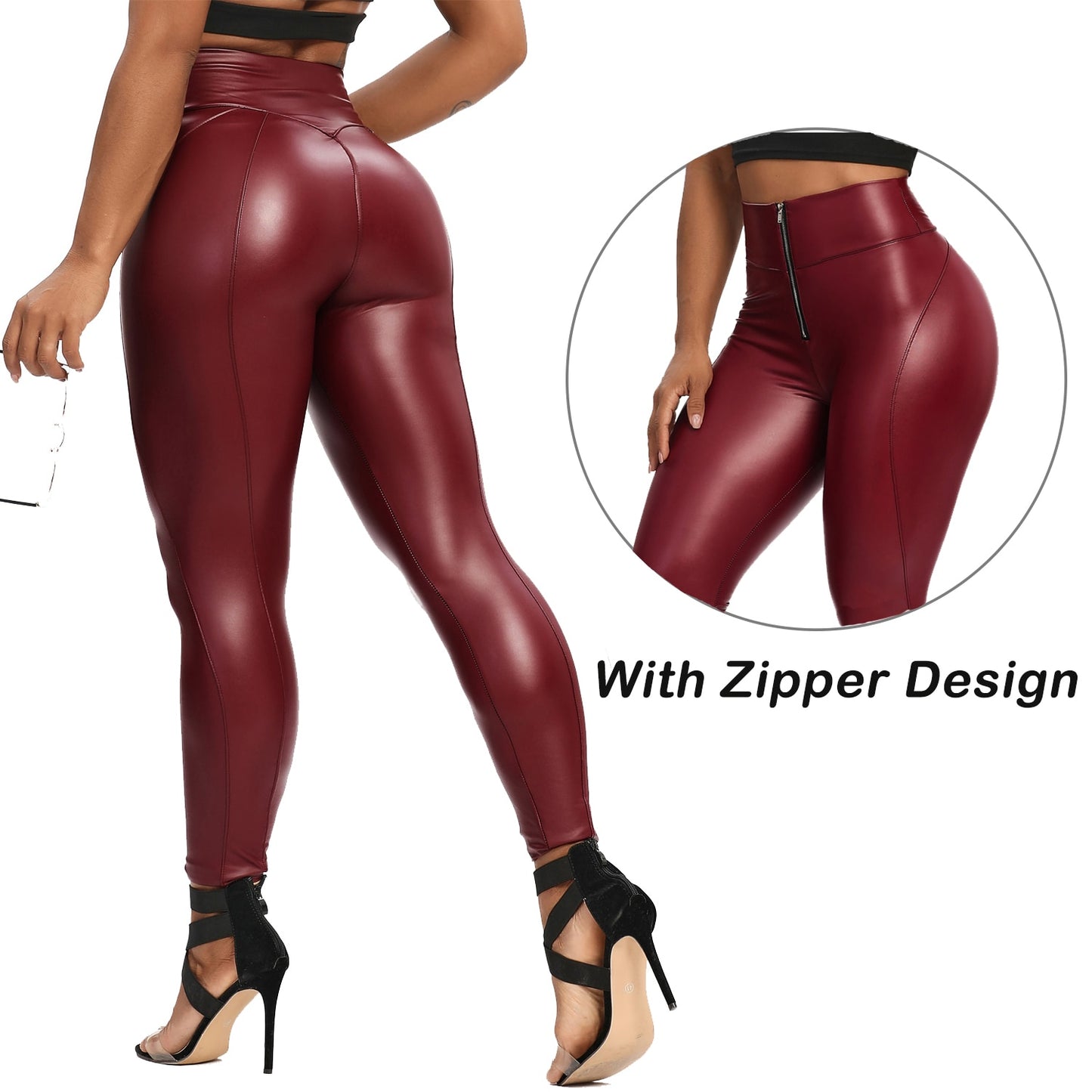 Damen Leggings Push-Up Lang Hose Leder Optik Nachtclub Sexy PU Hohe Elastizität