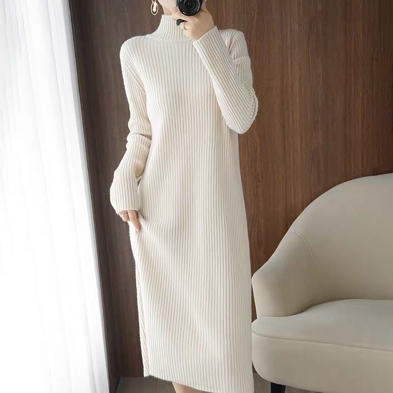 Damen Wollkleid Rollkragen Maxi Kleid Pulloverkleid Herbstkleid Winterkleid Strickkleid