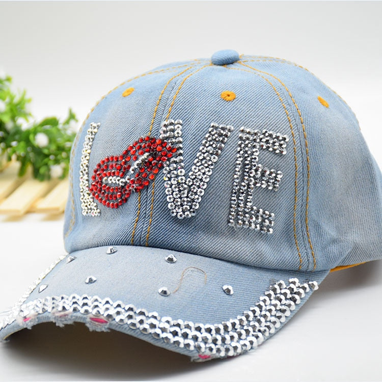 Jeans Cappy Denim Look Basecap Cap Kappe LOVE Strass gebogen Damen