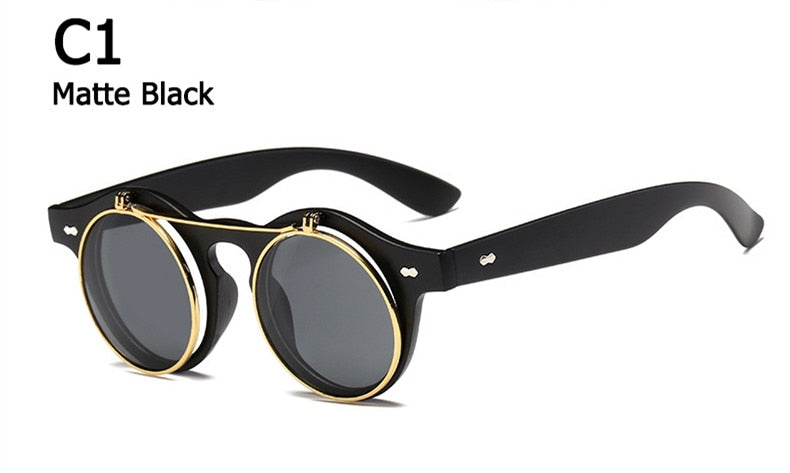 Designer Flip Up Sonnenbrille Damen Herren Rund Holz Black Steampunk Retro UV400