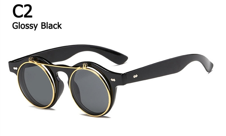 Designer Flip Up Sonnenbrille Damen Herren Rund Holz Black Steampunk Retro UV400