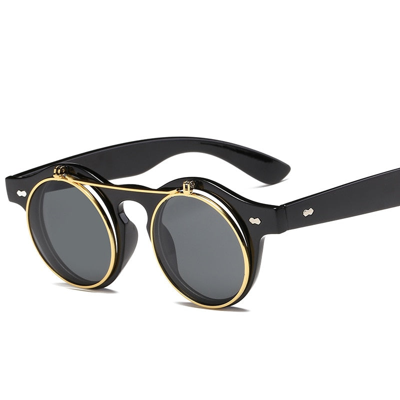 Designer Flip Up Sonnenbrille Damen Herren Rund Holz Black Steampunk Retro UV400