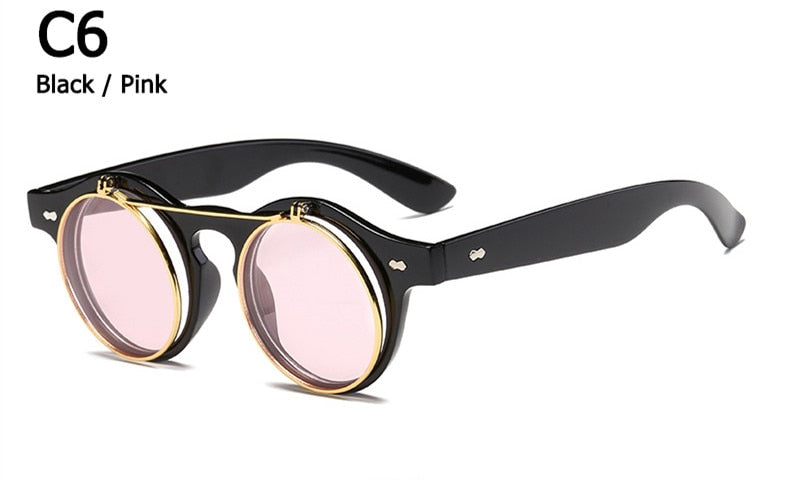 Designer Flip Up Sonnenbrille Damen Herren Rund Holz Black Steampunk Retro UV400