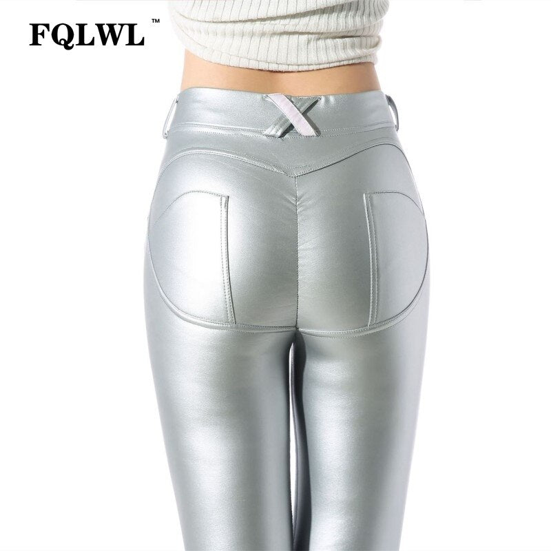 Damen Leggings Leggins Lang Hose PU Kunstlederhose mit Taschen Nachtclub Sexy