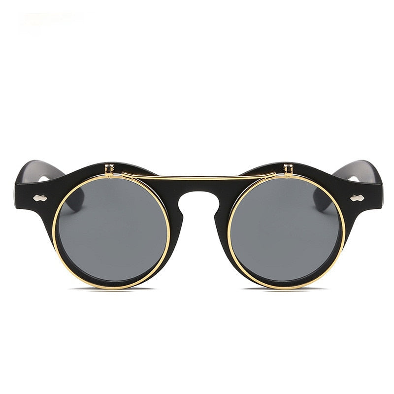 Designer Flip Up Sonnenbrille Damen Herren Rund Holz Black Steampunk Retro UV400