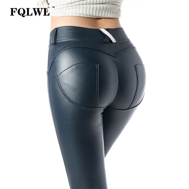 Damen Leggings Leggins Lang Hose PU Kunstlederhose mit Taschen Nachtclub Sexy