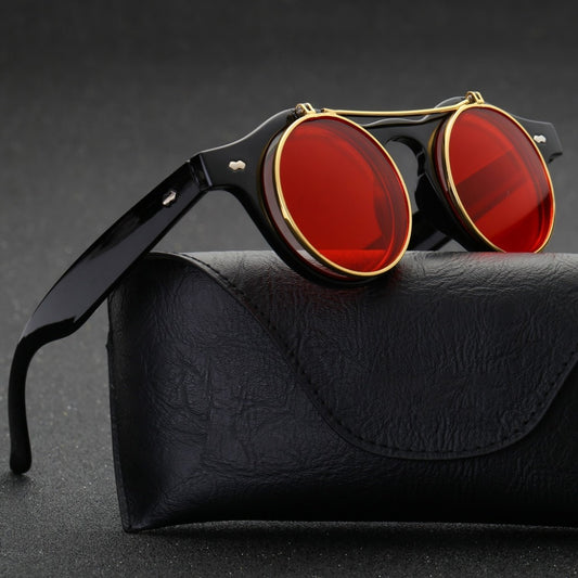 Designer Flip Up Sonnenbrille Damen Herren Rund Holz Black Steampunk Retro UV400