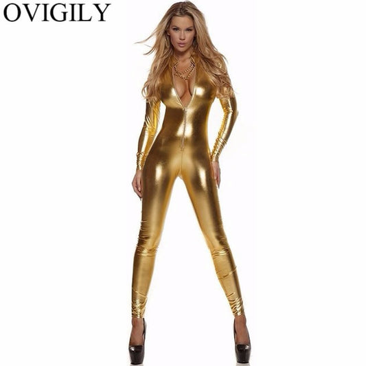 Sexy Damen Bodycon Overall Jumpsuit Metallic Strampler Catsuit Zip Body Suit