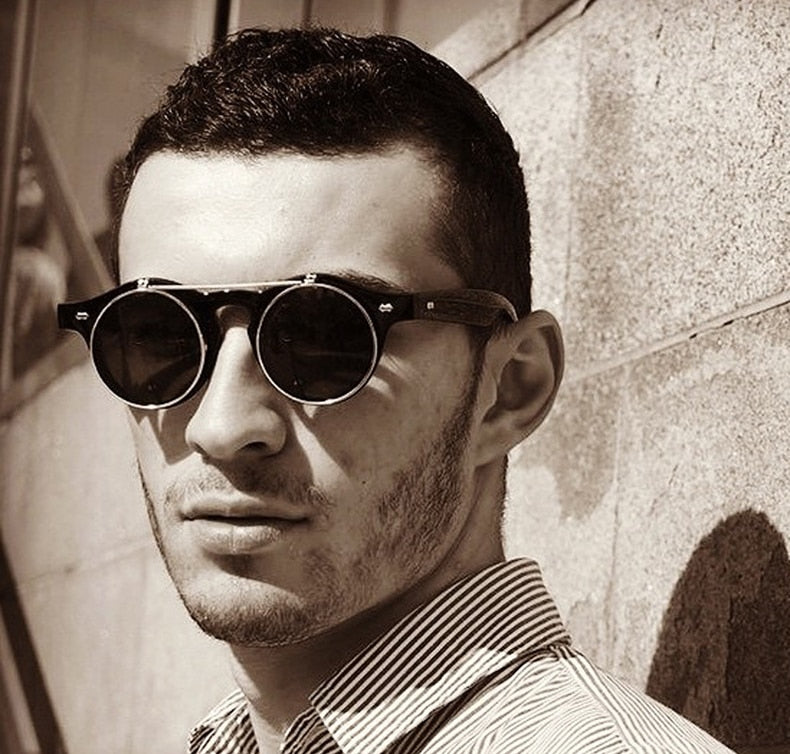 Designer Flip Up Sonnenbrille Damen Herren Rund Holz Black Steampunk Retro UV400