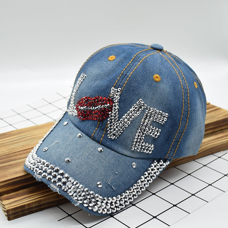 Jeans Cappy Denim Look Basecap Cap Kappe LOVE Strass gebogen Damen