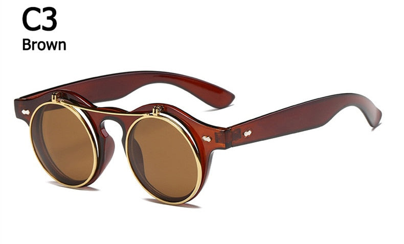 Designer Flip Up Sonnenbrille Damen Herren Rund Holz Black Steampunk Retro UV400