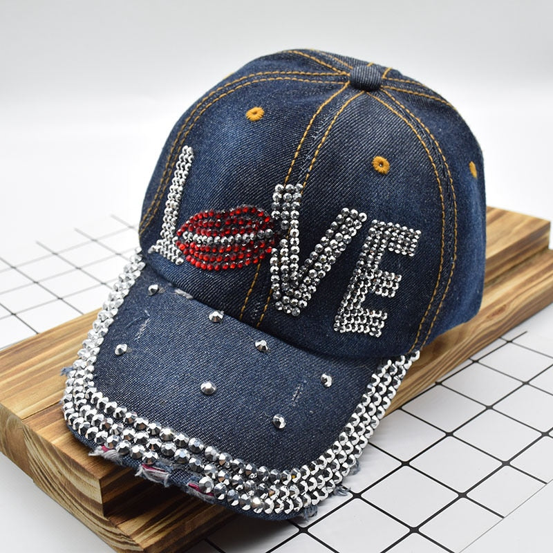 Jeans Cappy Denim Look Basecap Cap Kappe LOVE Strass gebogen Damen