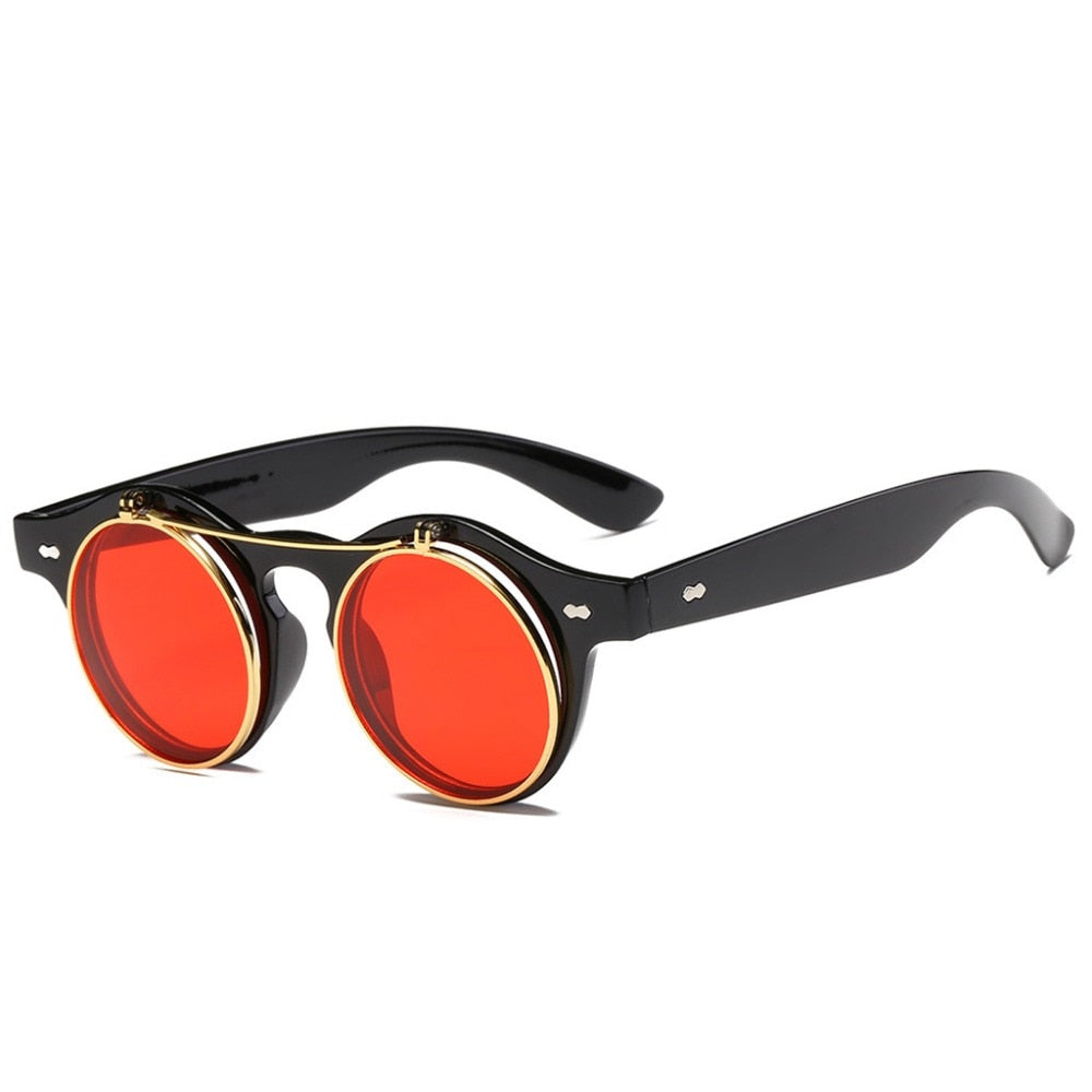 Designer Flip Up Sonnenbrille Damen Herren Rund Holz Black Steampunk Retro UV400