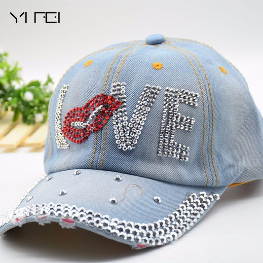 Jeans Cappy Denim Look Basecap Cap Kappe LOVE Strass gebogen Damen