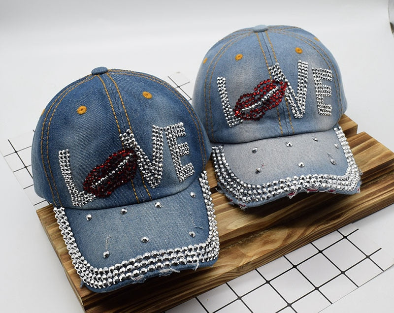 Jeans Cappy Denim Look Basecap Cap Kappe LOVE Strass gebogen Damen