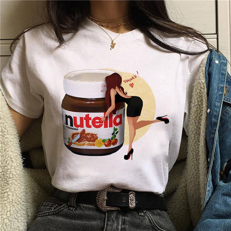 Damen Sommer Top 3D Nutella T-Shirt Rundhals Streetwear lockeres Damentop
