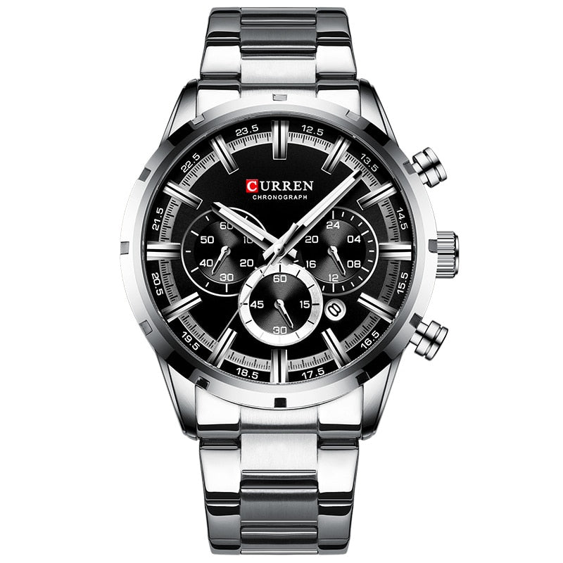 Herren Armbanduhr Silber Schwarz Edelstahl Fashion Luxus Chronograph  Business