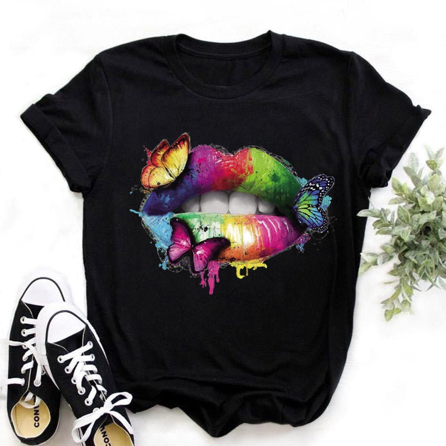 Damen Sommer Top 3D Leopard Kiss T-Shirt Rundhals Streetwear Damentop