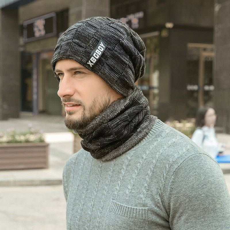 Warme Herren Wintermütze und Schal Fleece Mütze Strickmütze Kappe Hut Unisex